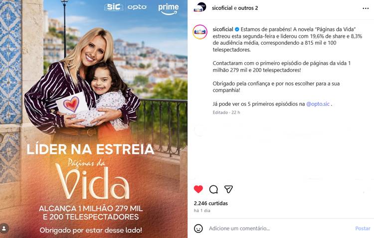 Publicação sobre a estreia de Páginas da Vida